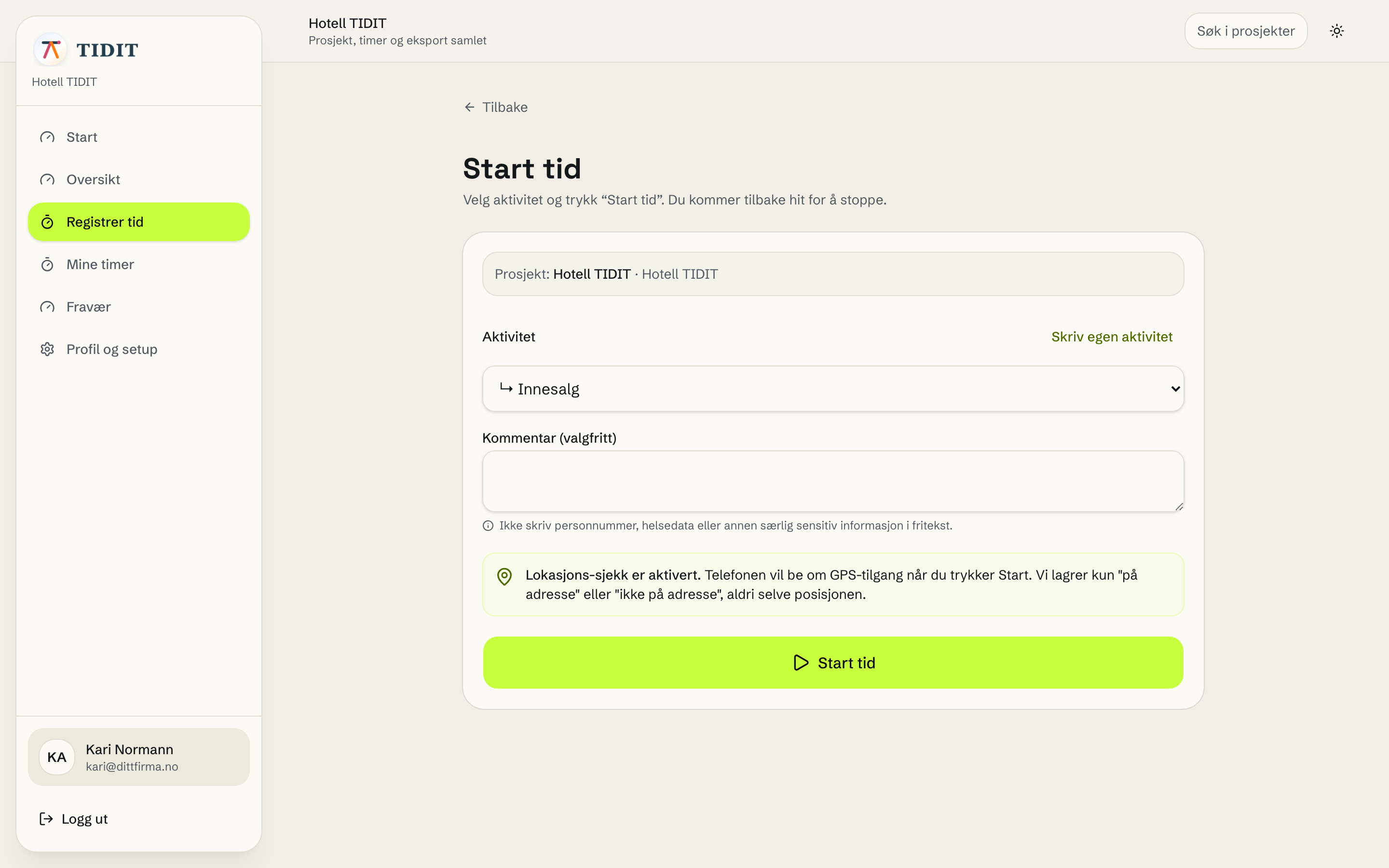 Start tid-skjerm for medarbeider