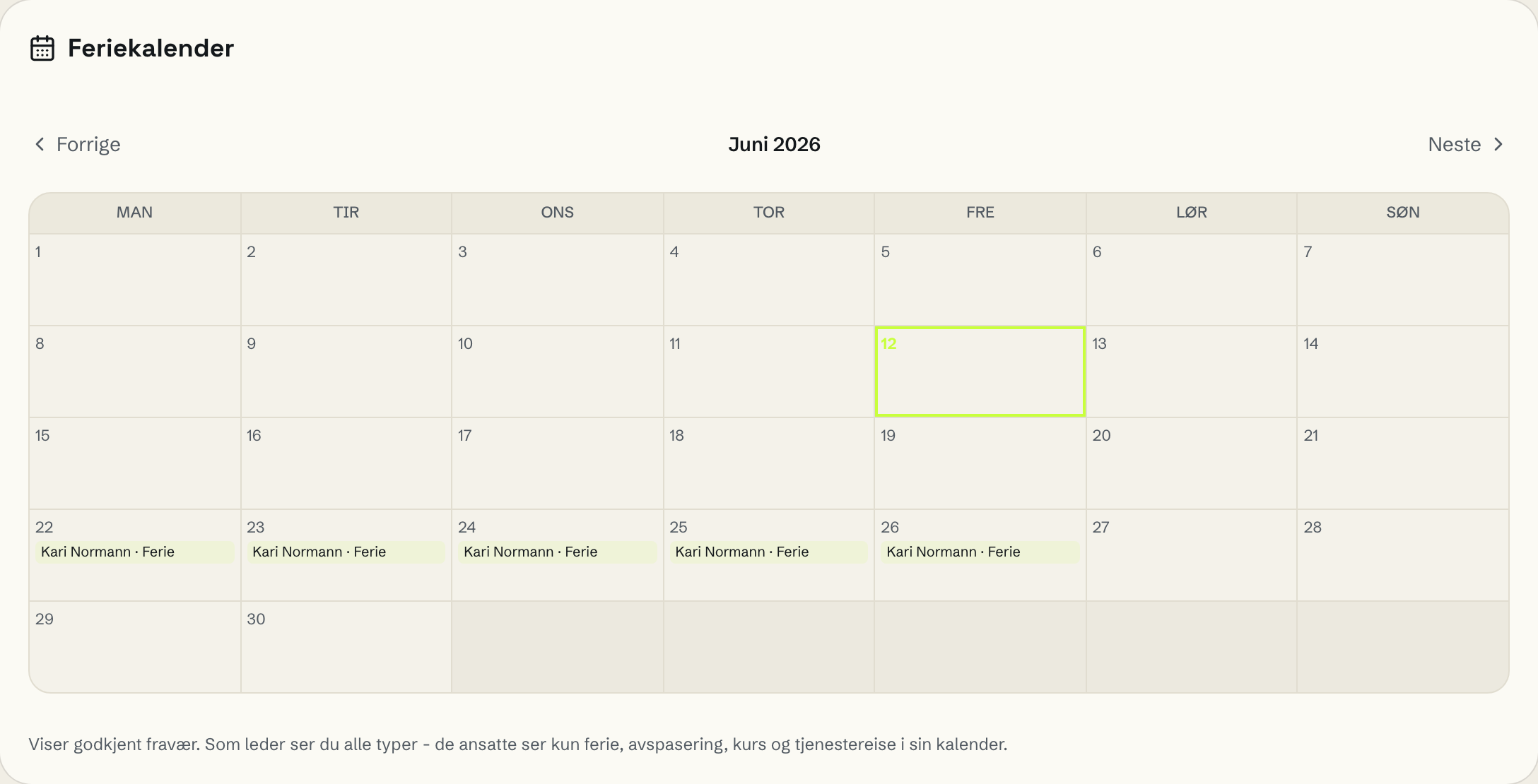 Månedskalender for fravær