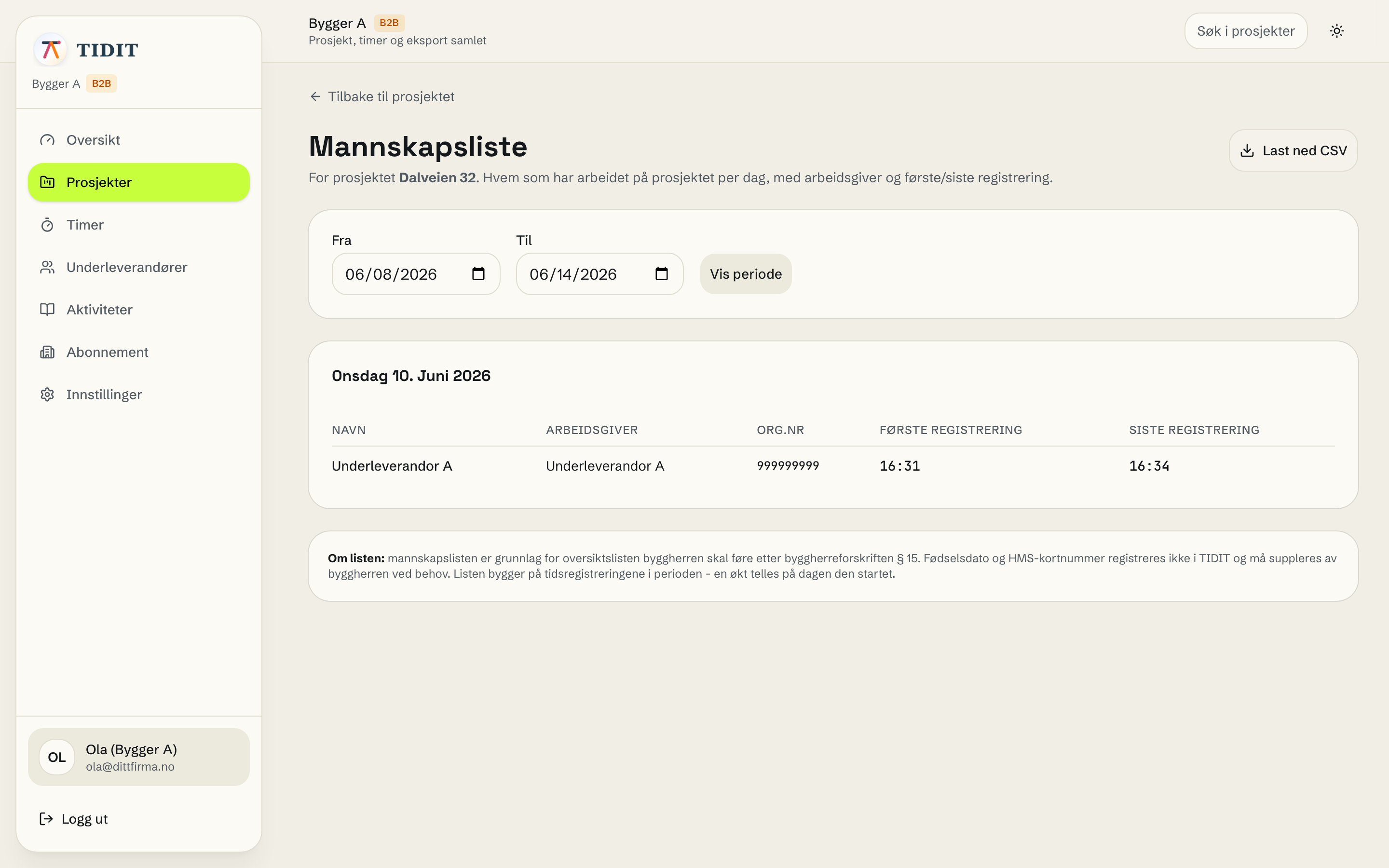 Mannskapsliste med CSV-knapp